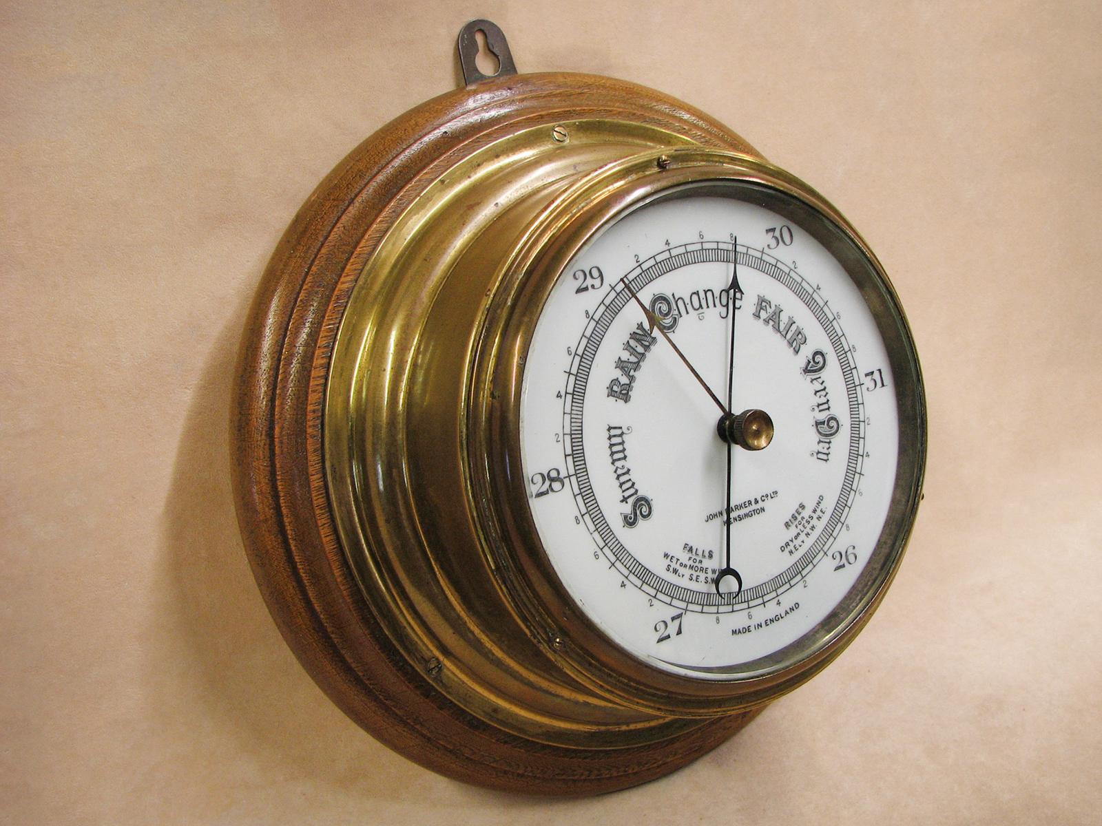 Antique Ships aneroid bulkhead barometer signed John Barker Kensington